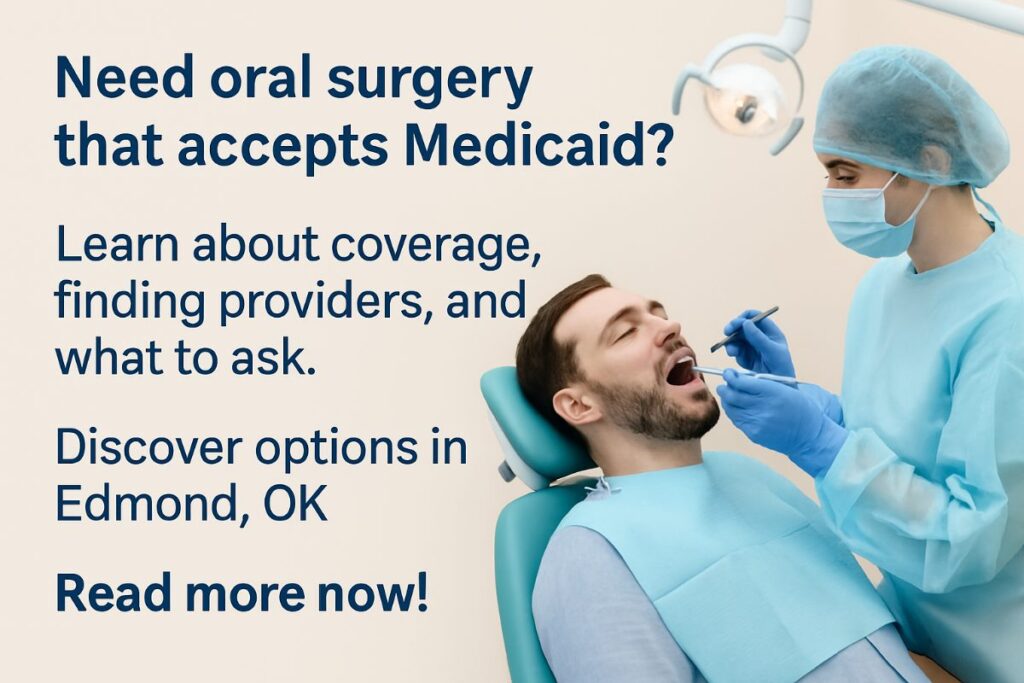 A person with a Medicaid card and dental x-rays is smiling and talking with a dentist about oral surgery options. The setting is a modern dental office. No text on image.