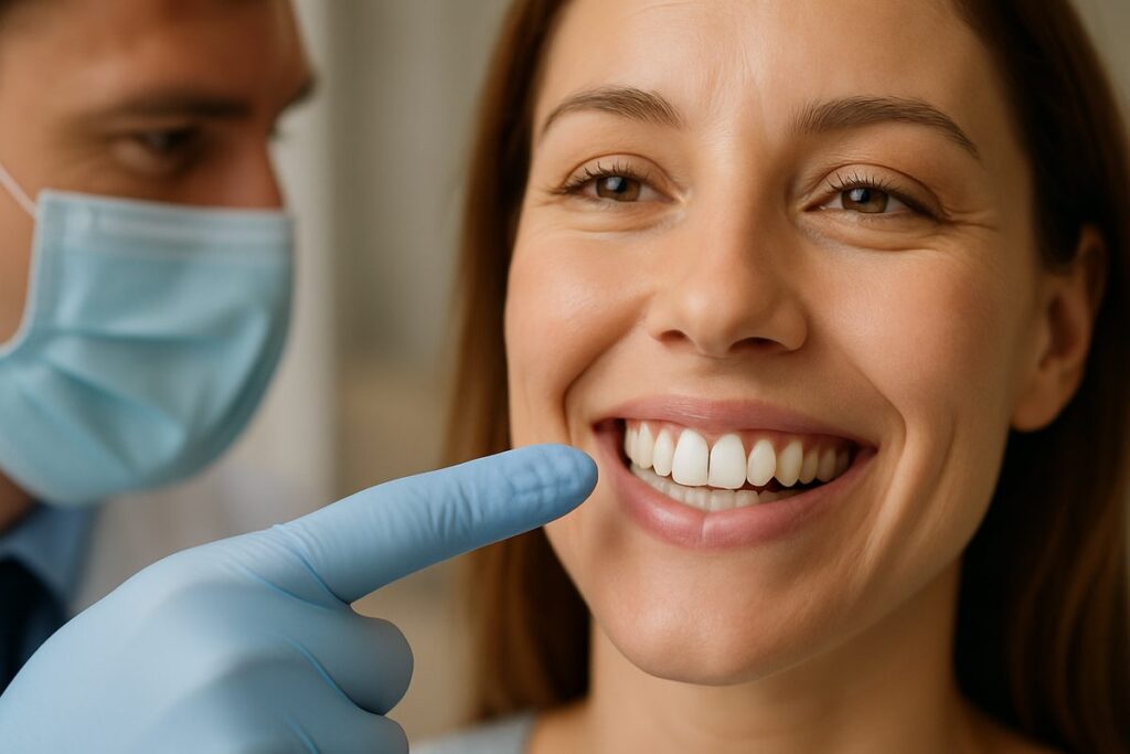 Close up image of a dentist pointing to a veneer placed on a patient's front tooth. The patient is smiling and looks satisfied. No text on image.