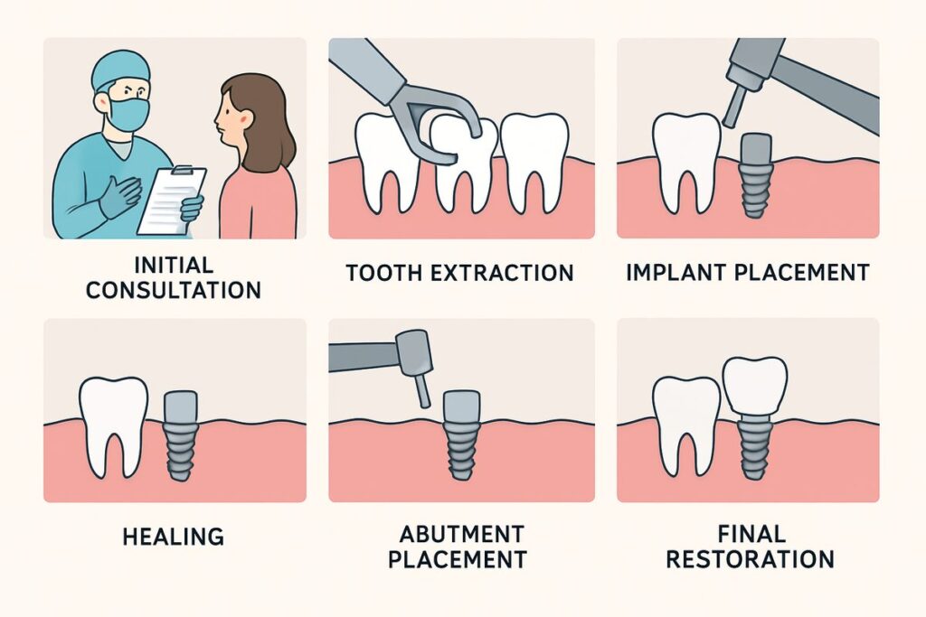 Image of a step-by-step infographic depicting the 6 stages of dental implants, from initial consultation to final restoration, with brief descriptions under each stage. No text on the image.