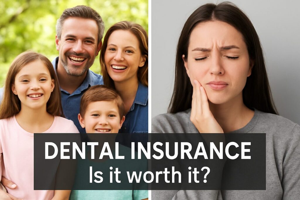 Image of a family smiling, contrasting with an image of a sad person with dental pain, split down the middle. Text on the image reads "Dental Insurance: Is it worth it?"
