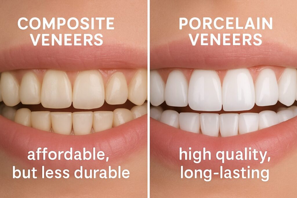A split panel image comparing composite veneers to porcelain veneers. The left panel shows composite veneers and text overlay "affordable, but less durable". The right panel shows porcelain veneers and text overlay "high quality, long-lasting".