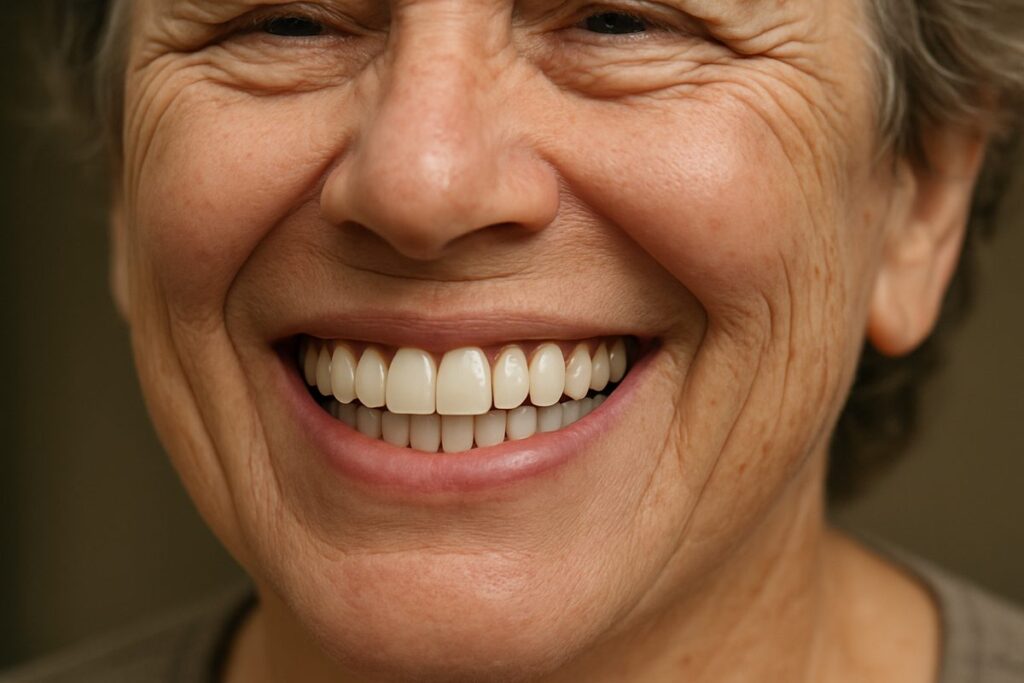 A close-up of a patient smiling, revealing a full set of natural-looking dental implants, highlighting their seamless integration and aesthetic appeal as a durable "replacement for teeth". No text on image.