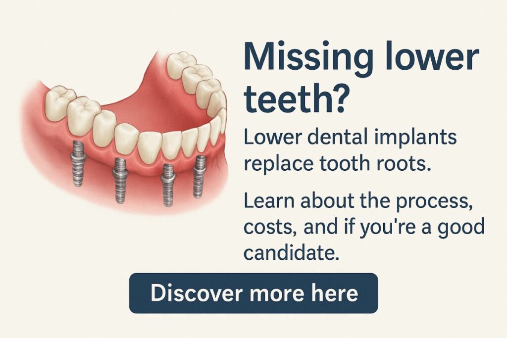 A close-up of a dentist placing a lower dental implant into a patient's jawbone, showcasing the precision and care involved in the procedure. No text on image.
