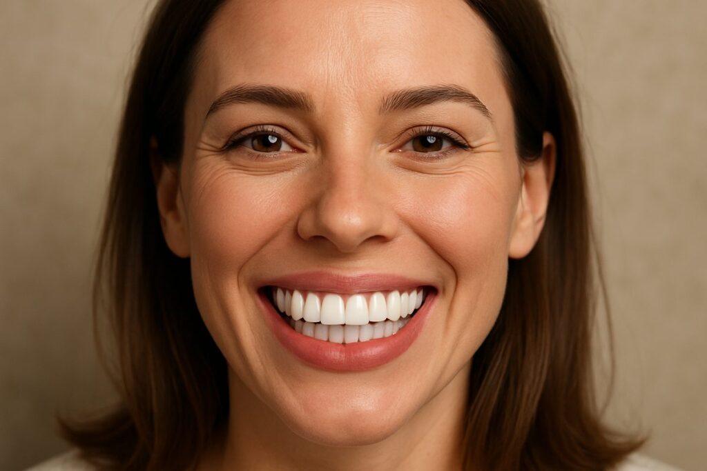 A person with a dazzling smile after receiving full mouth veneers, showcasing even, white teeth. No text on image.