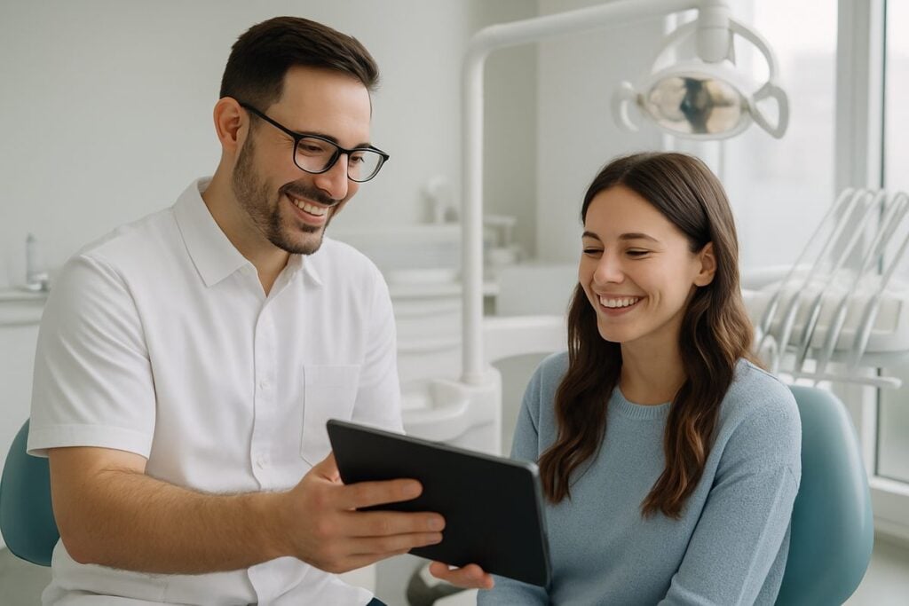 A friendly dentist is consulting with a smiling patient in a modern dental office, discussing treatment options on a tablet. No text on the image.