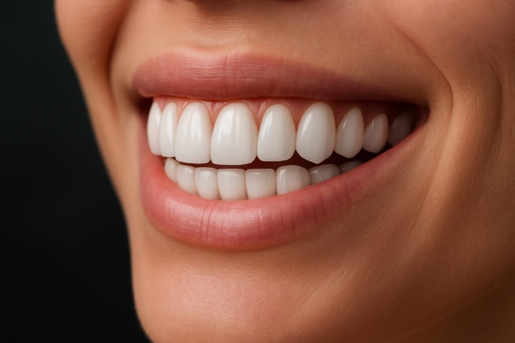 Image of a dentist pointing to a set of porcelain veneers on a patient, showing how they fit over the teeth, with an emphasis on the protective aspect. No text on the image.